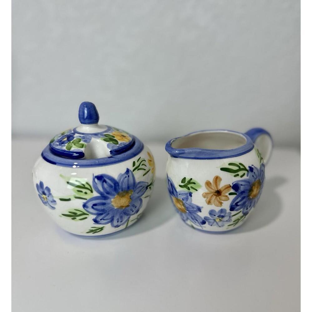 VTG Ceramic Sugar Bowl & Creamer Floral Pattern White Blue & Yellow Italy Made